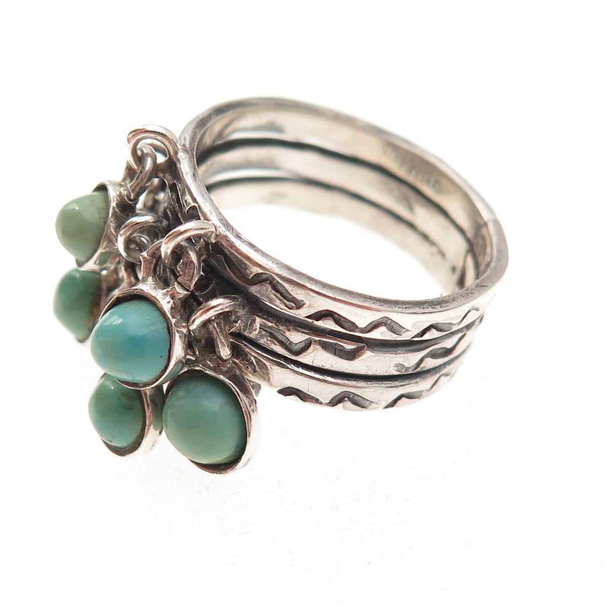 Old Pawn Sterling Silver Vintage Turquoise Cha Cha Charm Tribal Ring Size 7.25