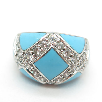 925 Sterling Silver Round-Cut Shaped C Z & Blue Enamel Ring Size 6