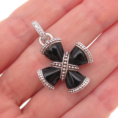Judith Ripka 925 Sterling Silver Real Black Onyx & C Z Cross Charm Pendant