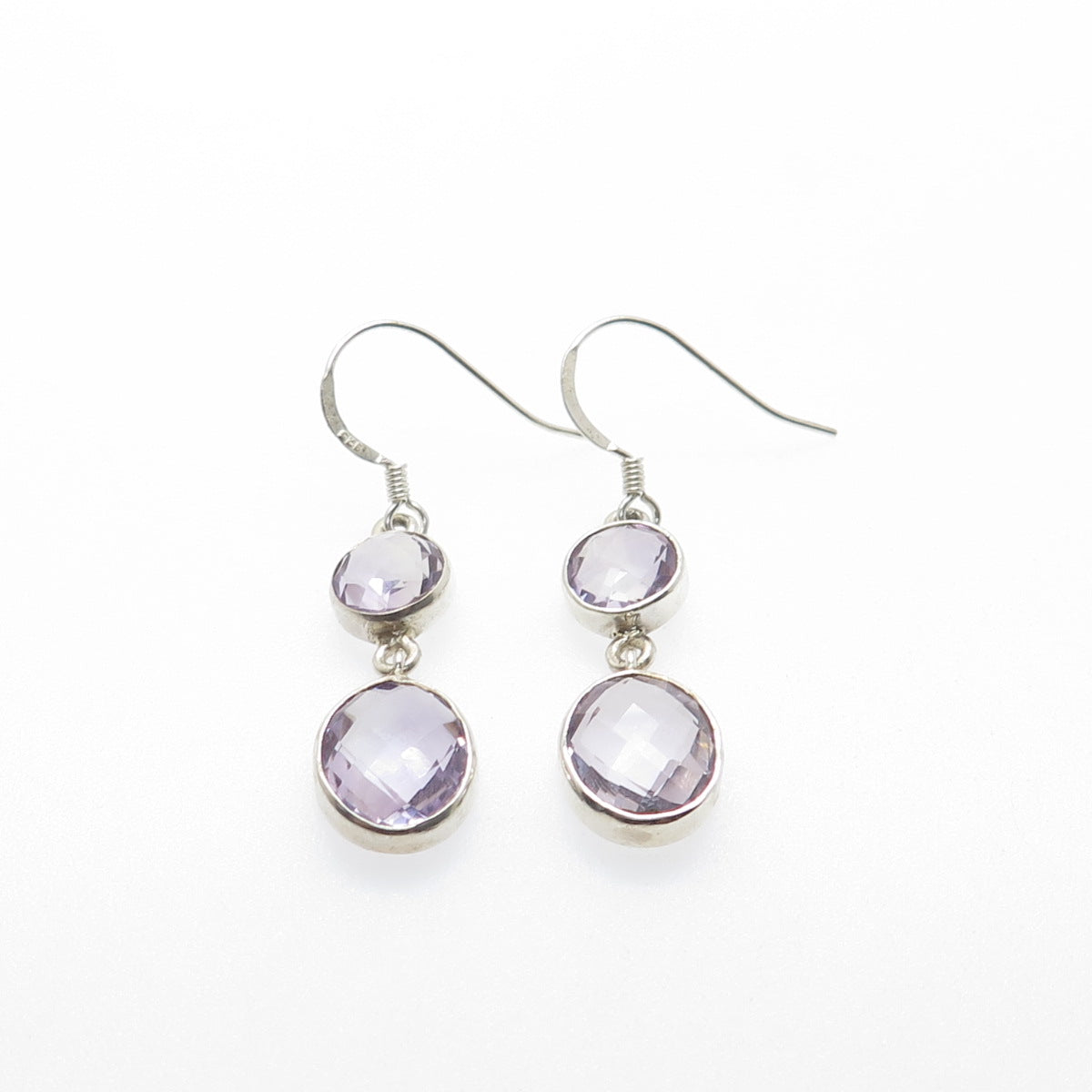 925 Sterling Silver Vintage Real Round & Oval-Cut Amethyst Dangle Earrings