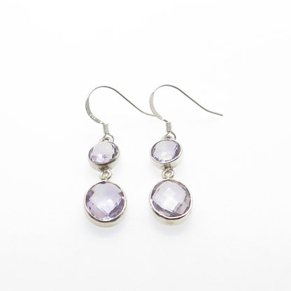 925 Sterling Silver Vintage Real Round & Oval-Cut Amethyst Dangle Earrings