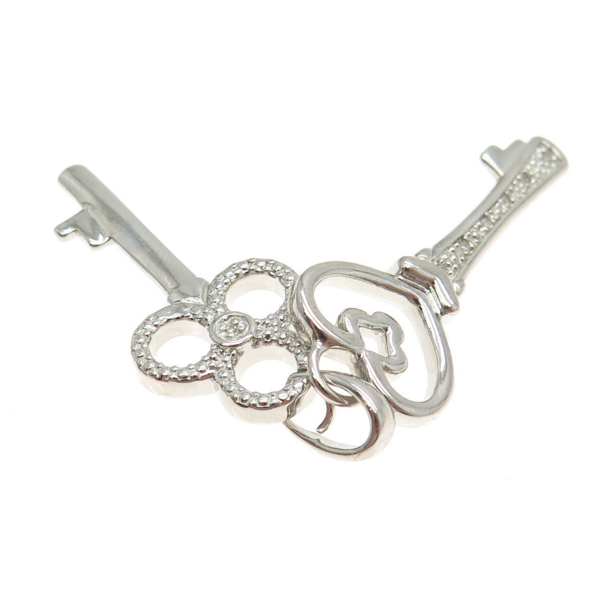 925 Sterling Silver Real Round-Cut Diamond Club & Heart Key Charm Pendant