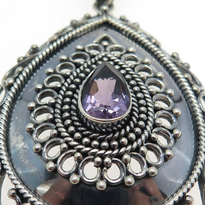 925 Sterling Silver Vintage Real Amethyst Gemstone Boho / Ethnic Pendant