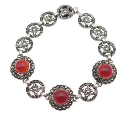 925 Sterling Antique Real Carnelian & Marcasite Bracelet 7.5" (missing 2 stones)