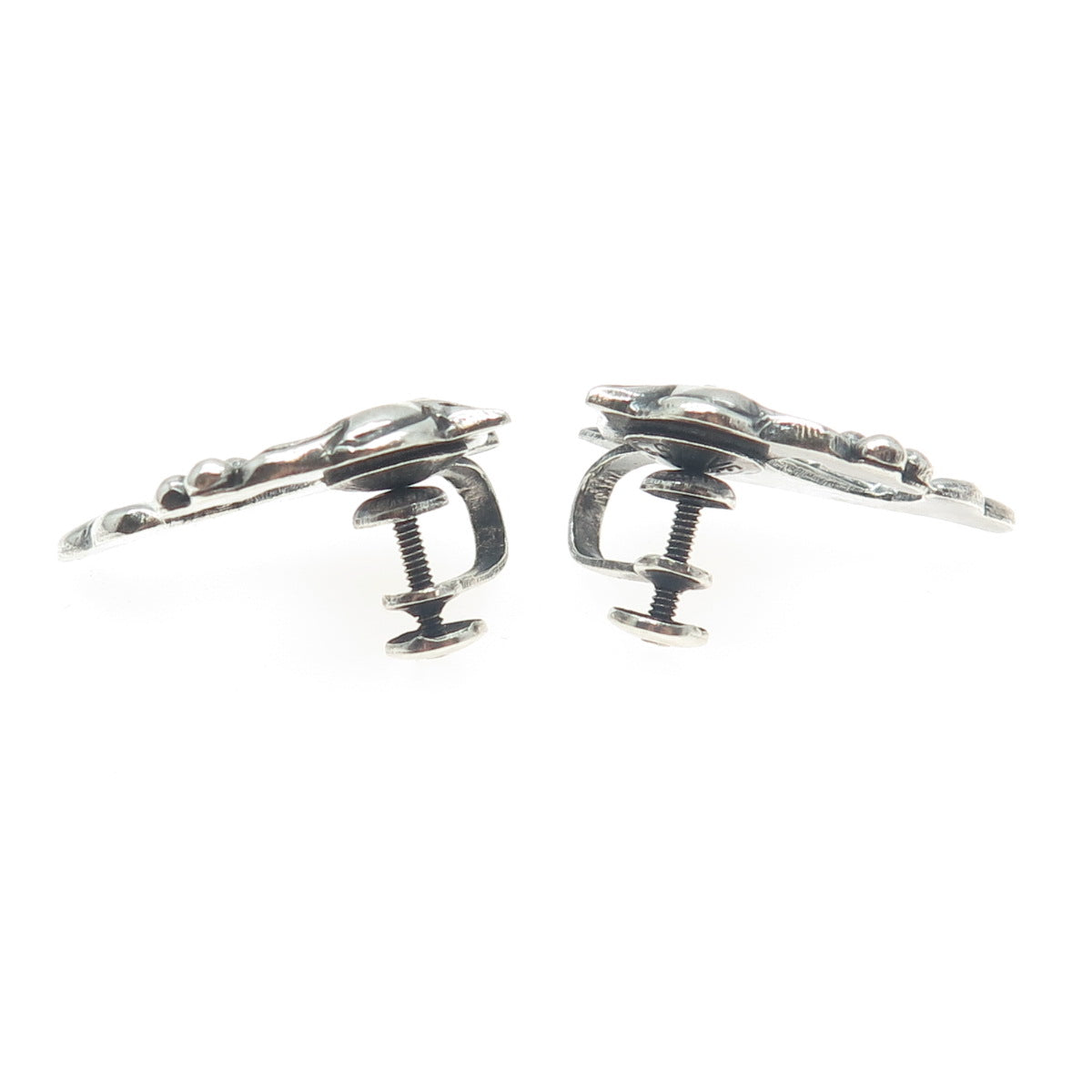 925 Sterling Silver Antique Mexico Fish Screw Back Earrings