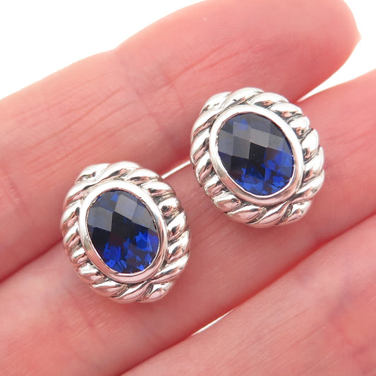 JH YOUNG 925 Sterling Silver Lab-Created Sapphire Modernist Earrings