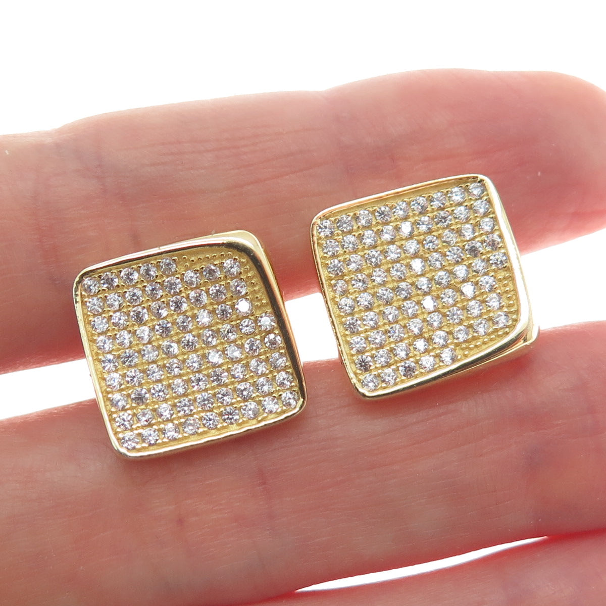 925 Sterling Silver Gold Plated Heart-Cut C Z Cushion Stud Earrings