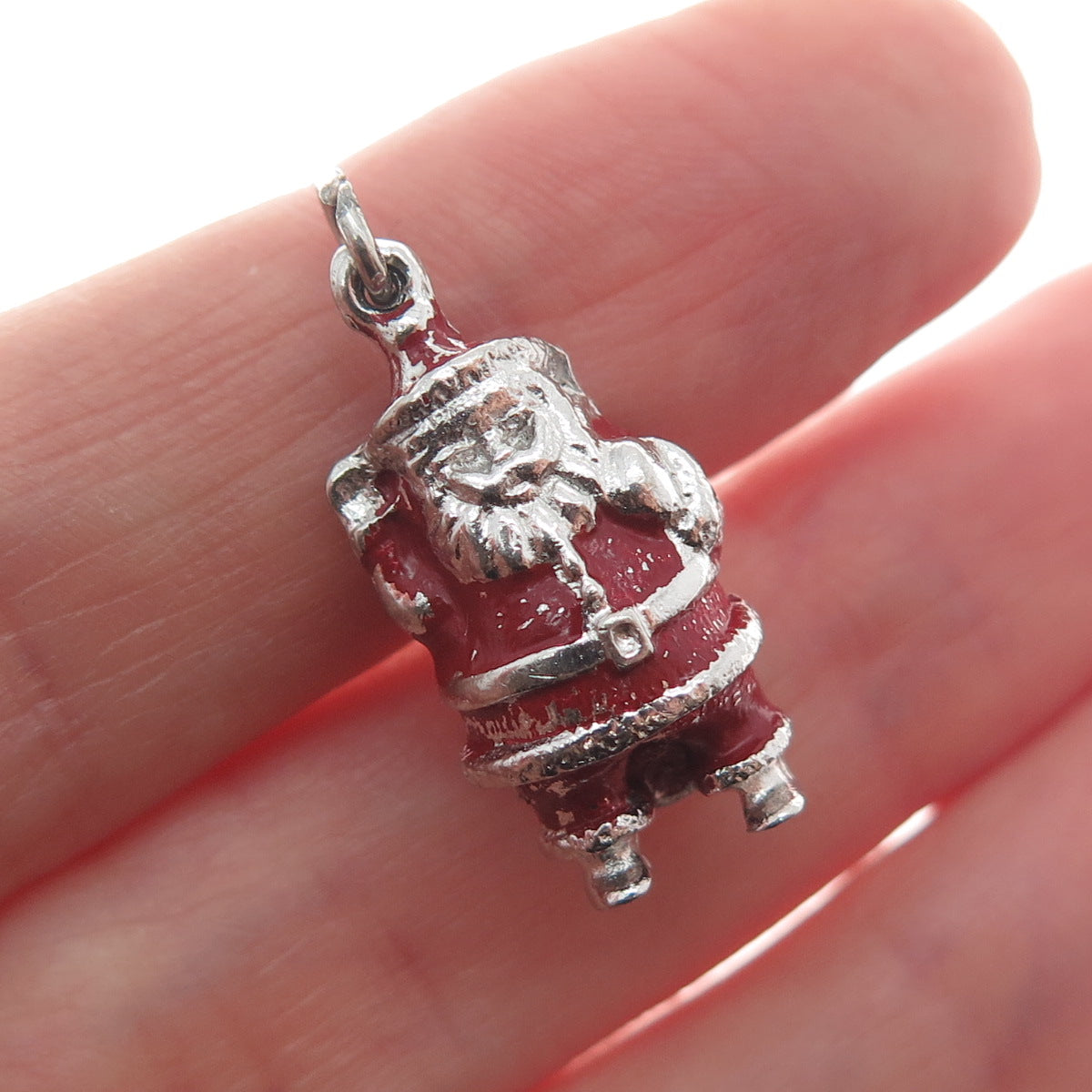 WELLS 925 Sterling Silver Vintage Enamel Santa Claus Minimalist 3D Charm Pendant