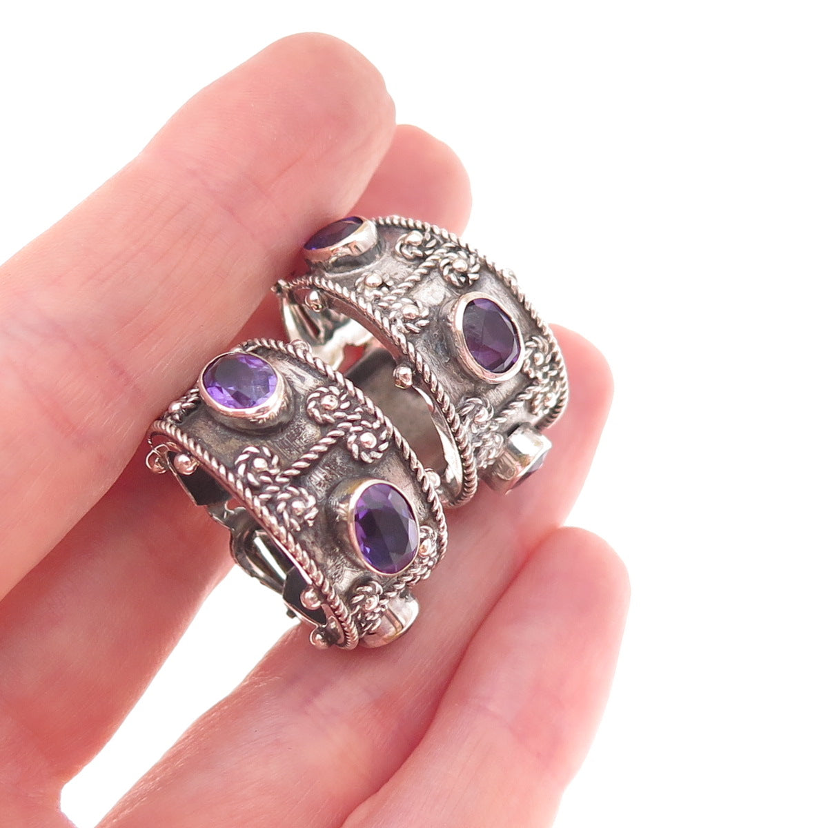 800 Silver Vintage Real Amethyst Modernist Oxidized Clip On Hoop Earrings