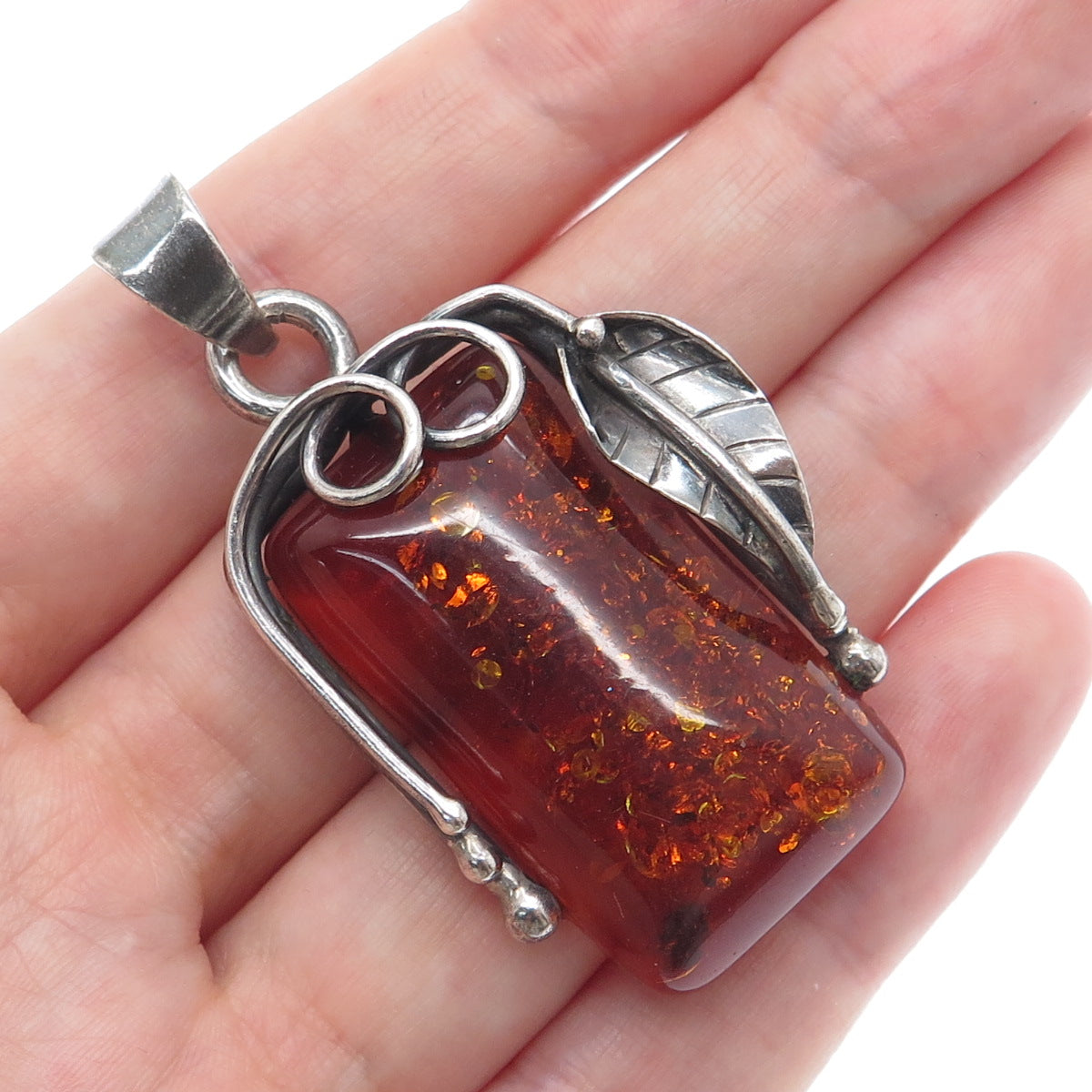 925 Sterling Silver Vintage Real Baltic Amber Leaf Modernist Oxidized Pendant