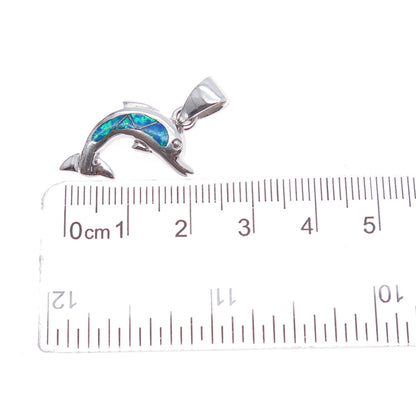925 Sterling Silver Vintage Real Opal Dolphin Mini Charm Pendant