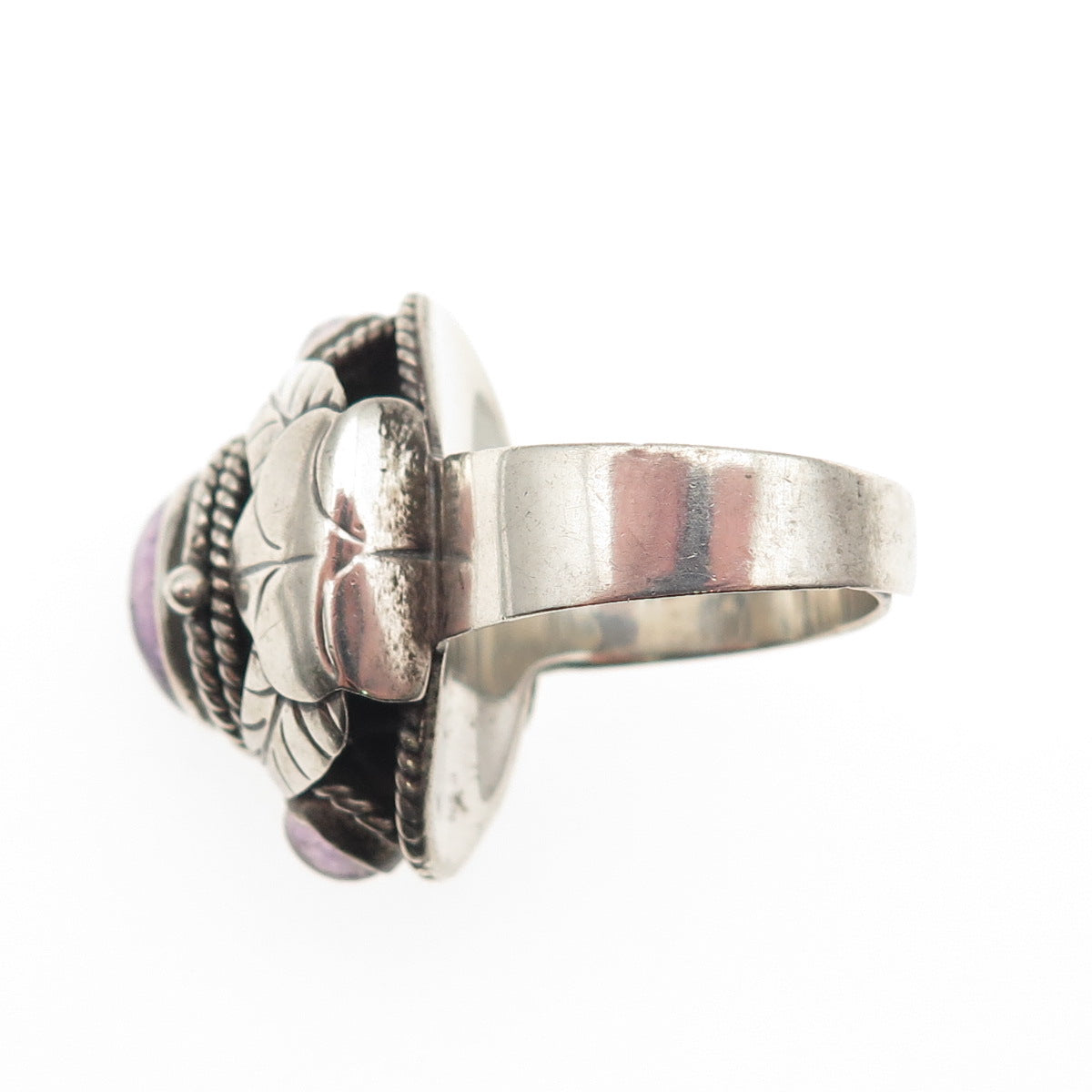 925 Sterling Vintage Mexico Real Amethyst Adjustable Poison Ring Size 7.75