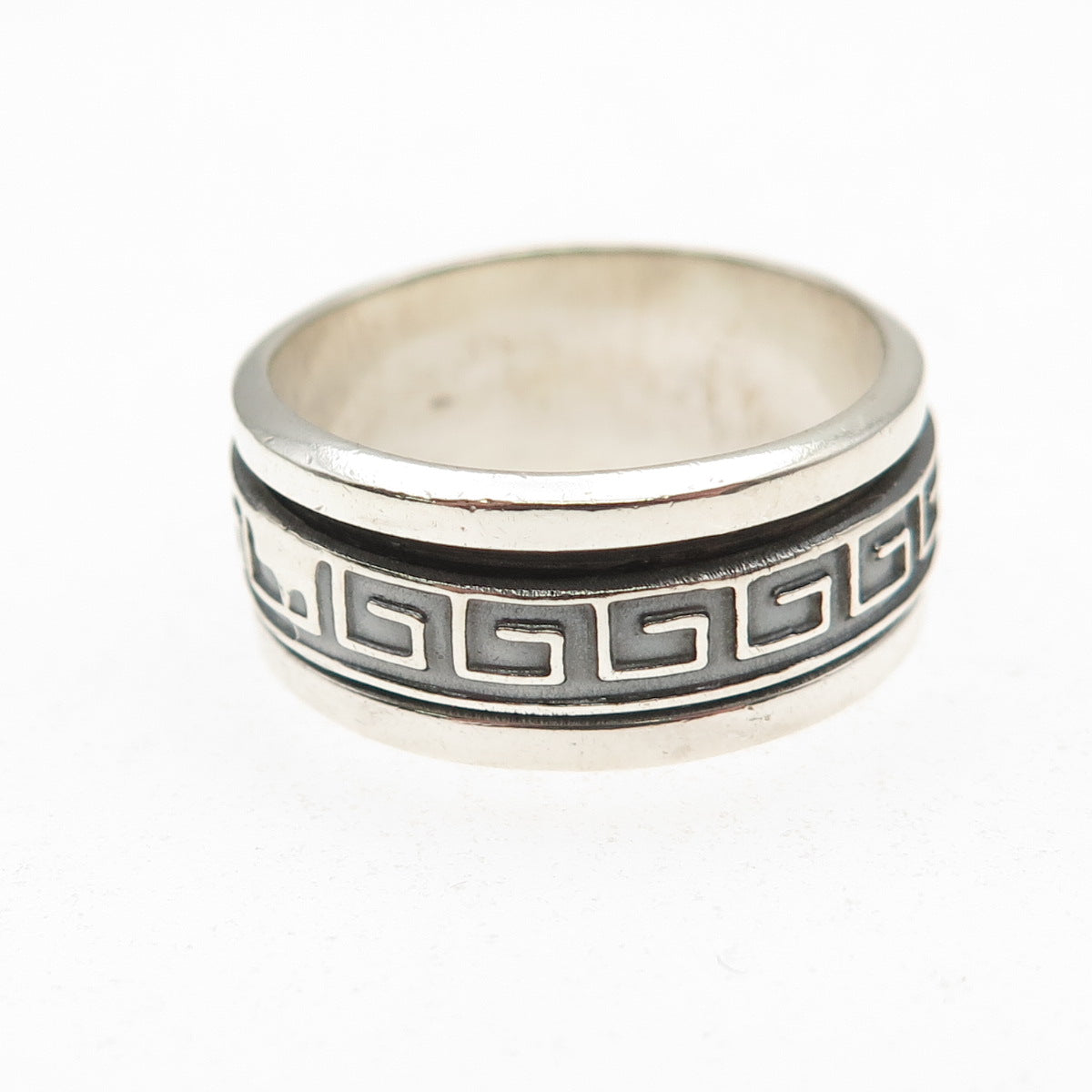 925 Sterling Silver Vintage Greek Key Oxidized Rotating Band Ring Size 9