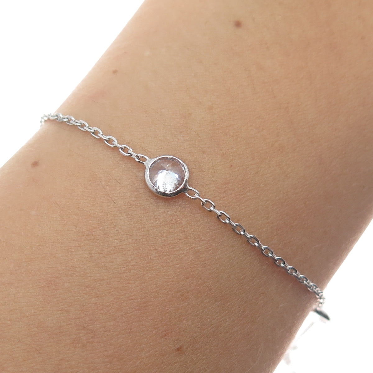 925 Sterling Silver Round-Cut Shaped C Z Station Cable Link Anklet/Bracelet 10"