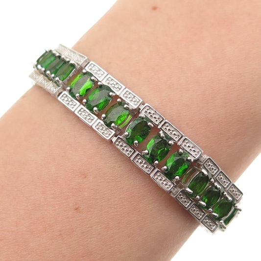 925 Sterling Silver Real Oval-Cut Peridot Panel Link Bracelet 7"