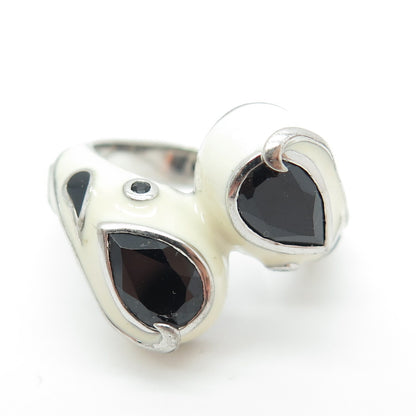 EMA 925 Sterling Silver Enamel & Black Spinel Modernist Bypass Ring Size 8