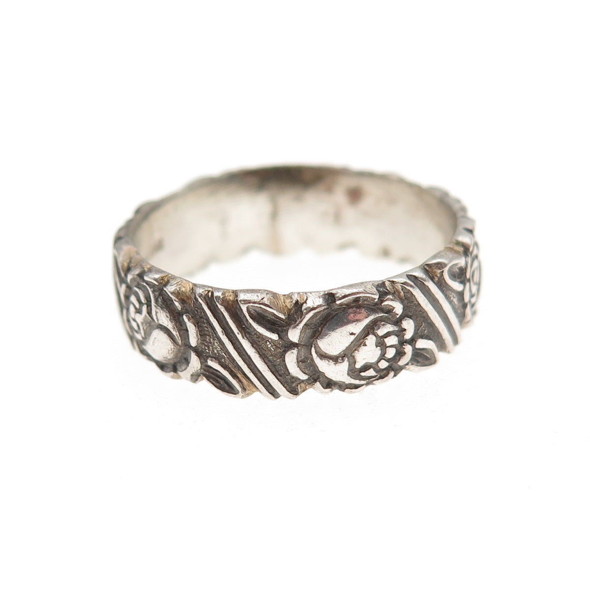 925 Sterling Silver Vintage Rose Flower Oxidized Band Ring Size 7