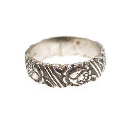 925 Sterling Silver Vintage Rose Flower Oxidized Band Ring Size 7