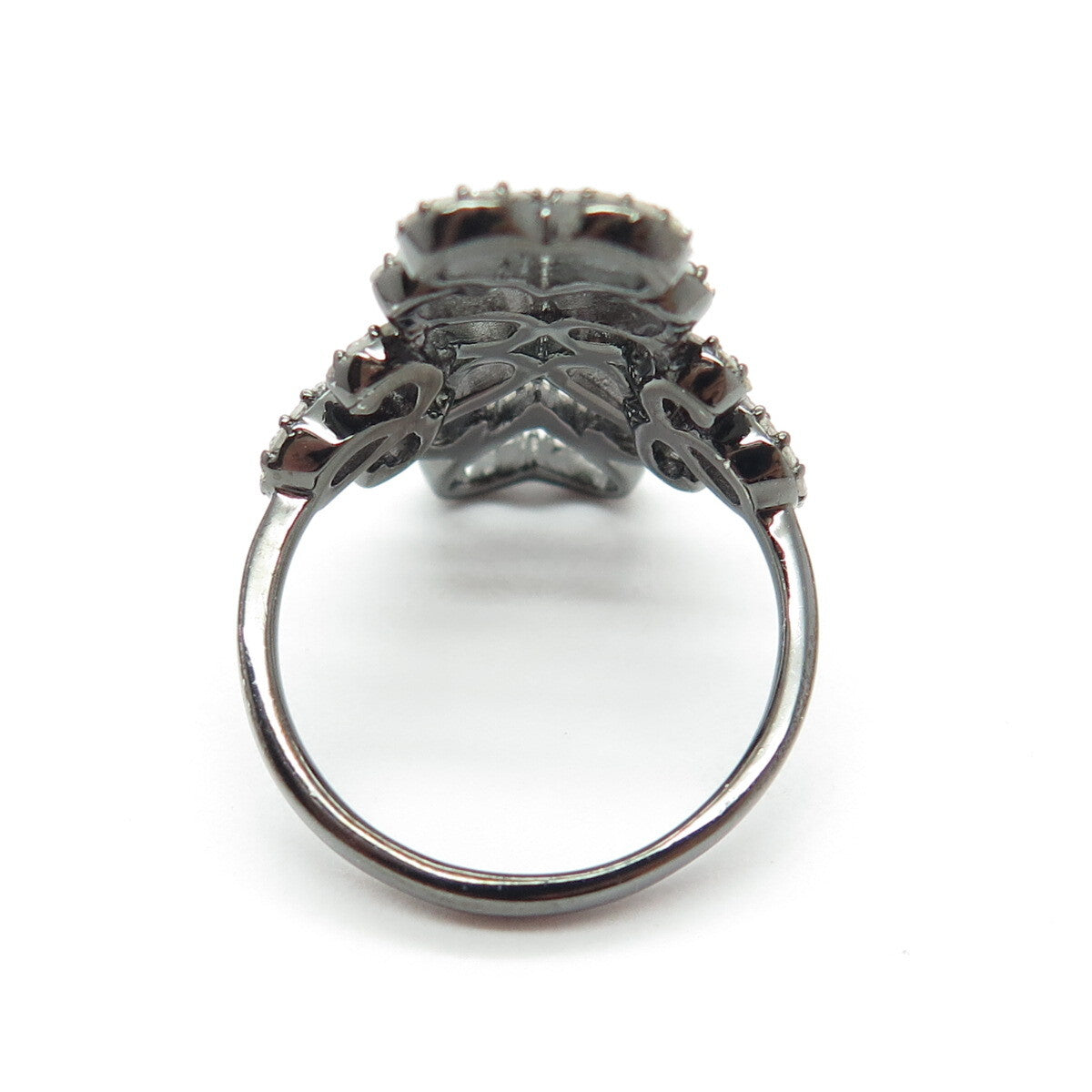 925 Sterling Silver Round-Cut Diamond Heart Floral Black Rhodium Ring Size 8.25