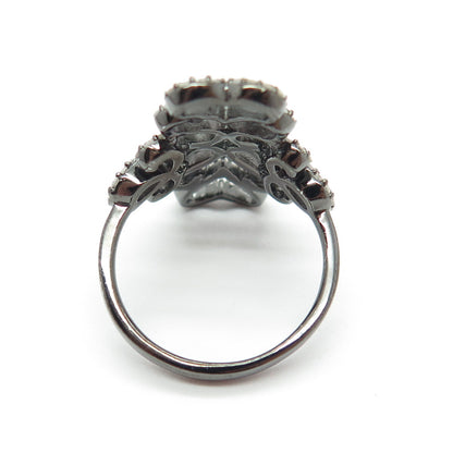 925 Sterling Silver Round-Cut Diamond Heart Floral Black Rhodium Ring Size 8.25