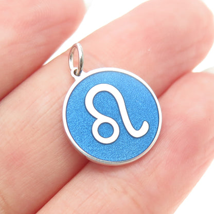 925 Sterling Silver Blue Enamel Leo Zodiac Round Tag Minimalist Charm Pendant