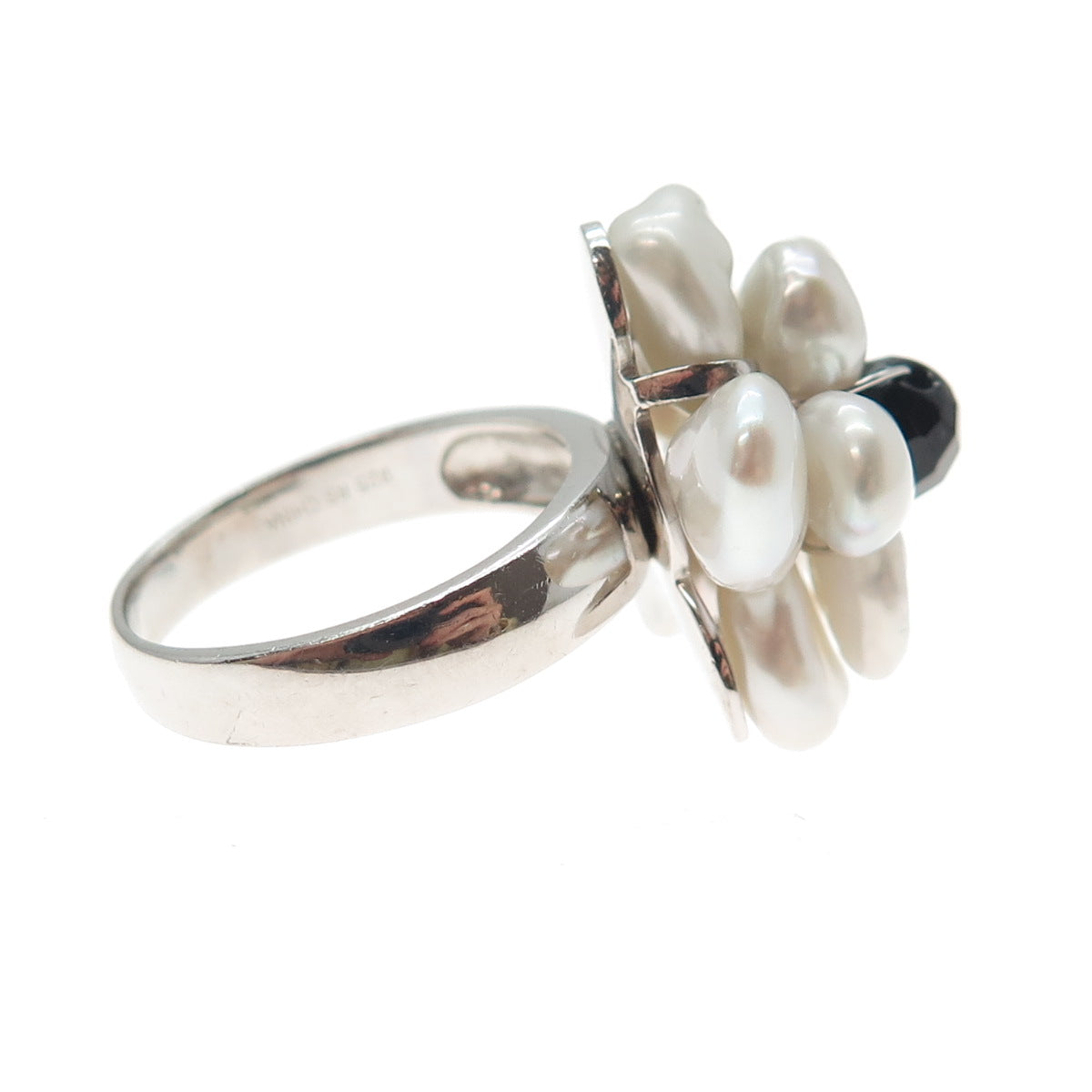 925 Sterling Silver Vintage Real Baroque Pearl Black Onyx Flower Ring Size 9.25
