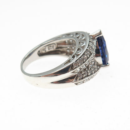 925 Sterling Silver Pear & Round-Cut Blue White C Z  Ring Size 6