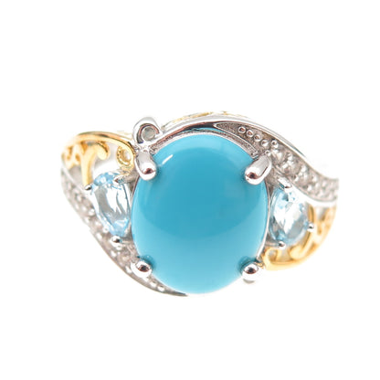 925 Sterling Silver 2-Tone Real Turquoise Blue & White Topaz Ring Size 8.25
