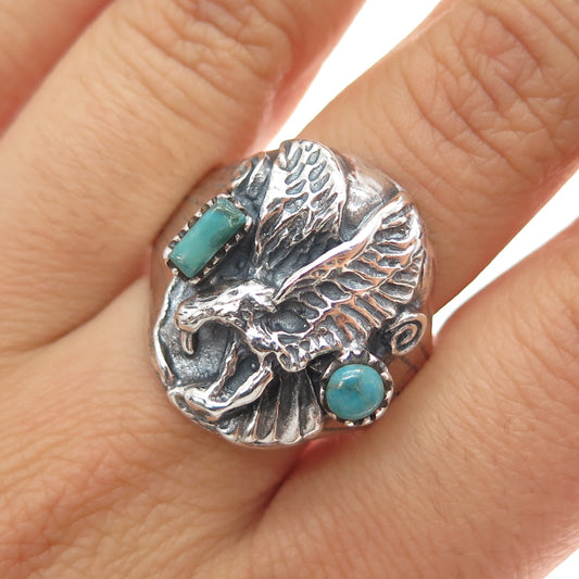 Old Pawn 925 Sterling Silver Vintage Turquoise Snake Eye Eagle Ring Size 14.25