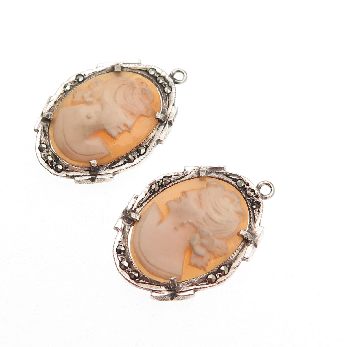 925 Sterling Silver Antique Art Deco MOP & Marcasite Lady Cameo Jacket Earrings
