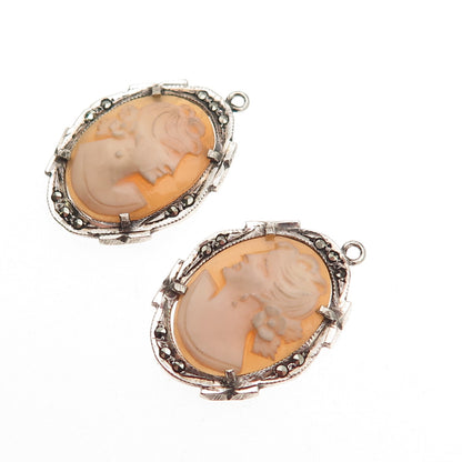 925 Sterling Silver Antique Art Deco MOP & Marcasite Lady Cameo Jacket Earrings