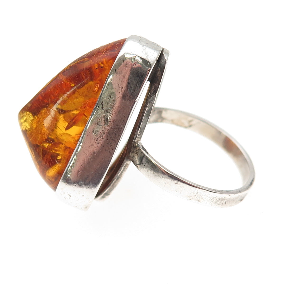 925 Sterling Silver Vintage JB Poland Real Amber Modernist Oxidized Ring Size 8