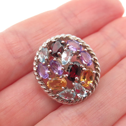 925 Sterling Real Blue Topaz Garnet Citrine Amethyst Cluster Slide Mini Pendant