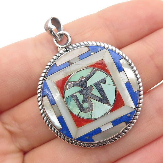 925 Sterling Silver Vintage Real Lapis Coral & MOP Tibetan Om Mantra Pendant