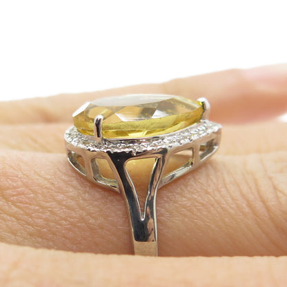 DSMK 925 Sterling Silver White Diamond & Pear-Cut Citrine Gem Ring Size 7.25