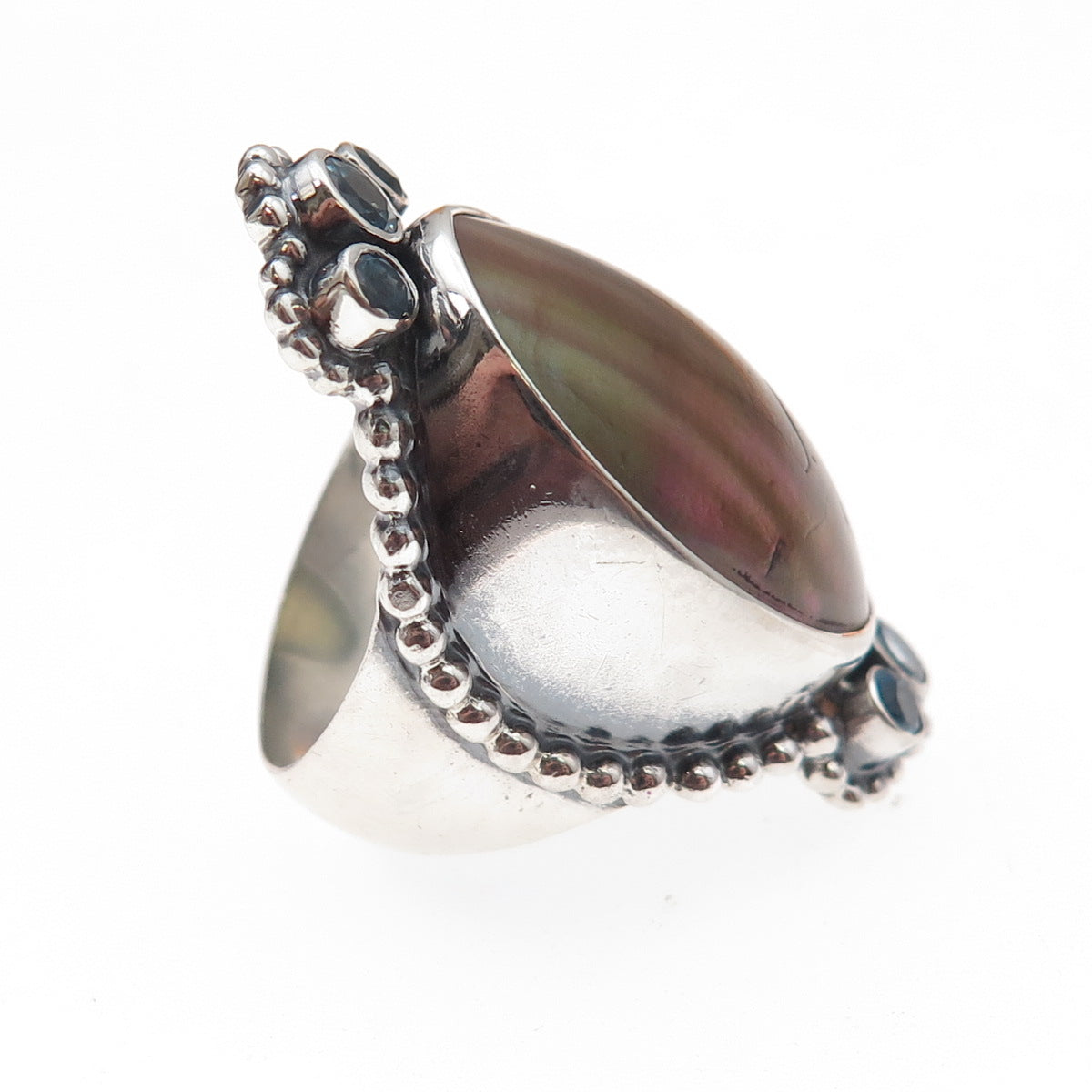 925 Sterling Silver Vintage Real Abalone Shell & Blue Topaz Oxidized Ring Size 7
