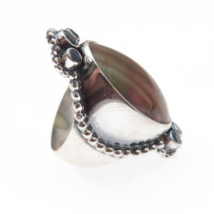 925 Sterling Silver Vintage Real Abalone Shell & Blue Topaz Oxidized Ring Size 7