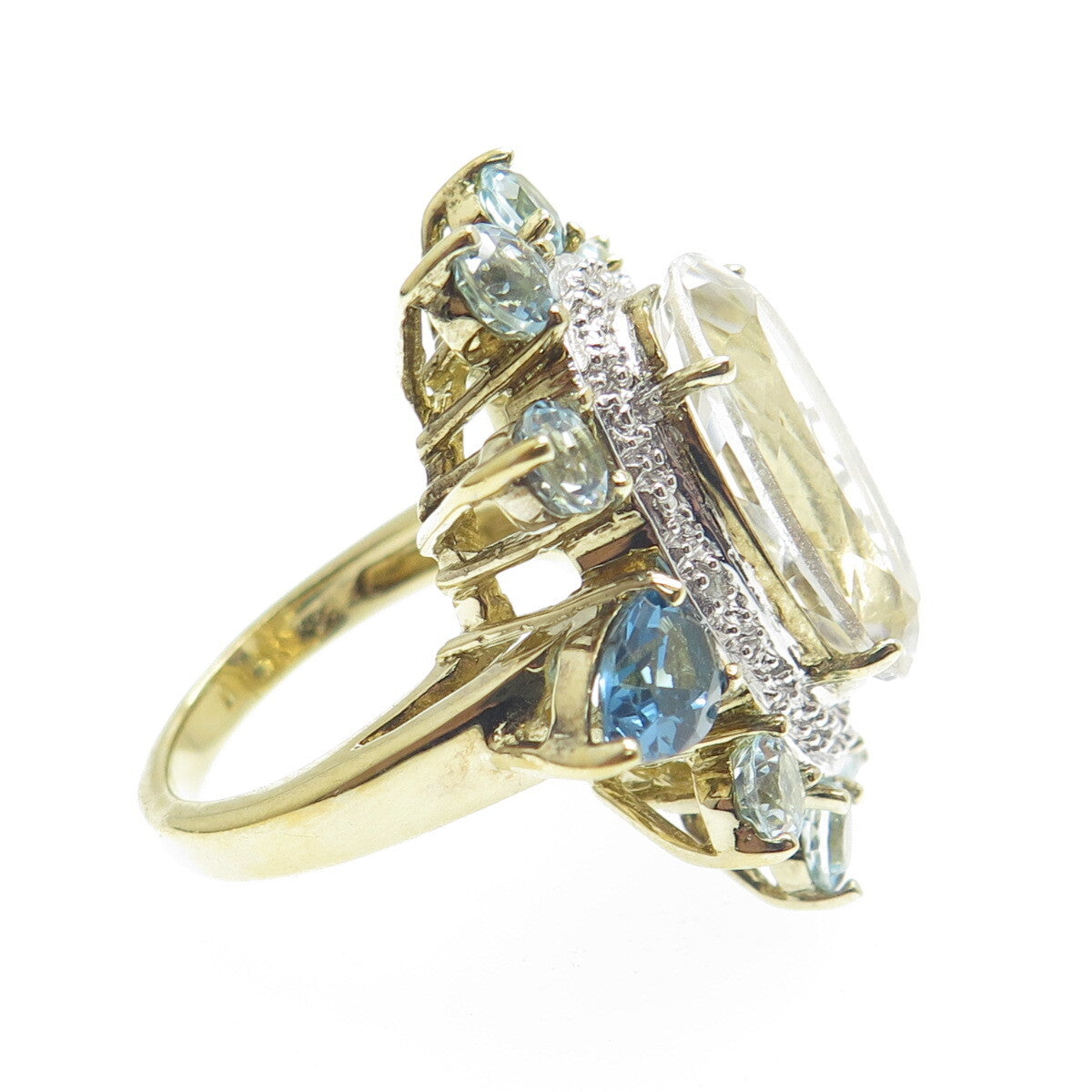 925 Sterling Gold Plated Diamond Accent London Blue & White Topaz Ring Size 7.25