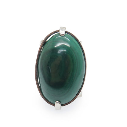 925 Sterling Silver Vintage Real Malachite Oxidized Adjustable Ring Size 8.75