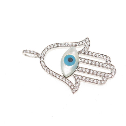 925 Sterling Silver Real MOP Turquoise Black Onyx & C Z Hamsa Amulet Pendant