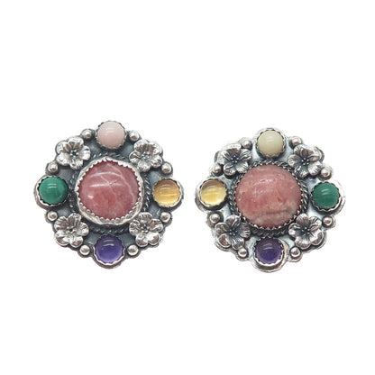 SILVER CLOUD Old Pawn 925 Sterling Vintage Multi-Gem Flower Clip On Earrings
