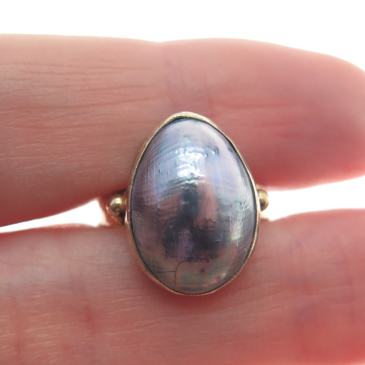 925 Sterling Silver 2-Tone Vintage Real Mother-of-Pearl Modernist Ring Size 4