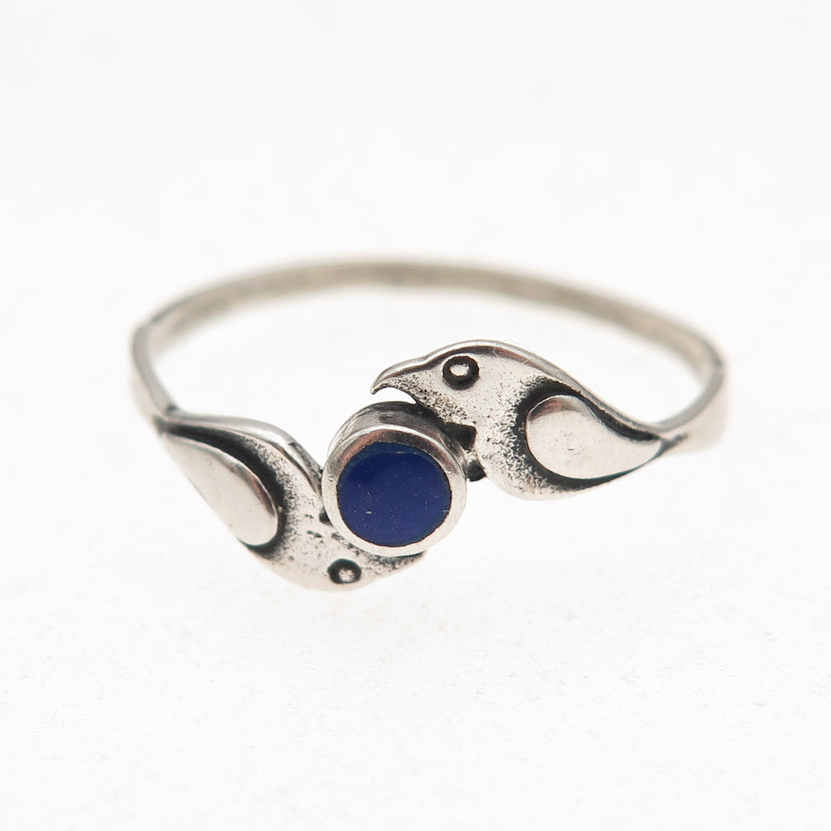 925 Sterling Silver Vintage Real Lapis Two Birds Oxidized Ring Size 9.25
