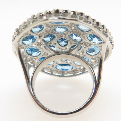 925 Sterling Silver Real Oval-Cut Blue Round-Cut White Topaz Cluster Ring Size 7