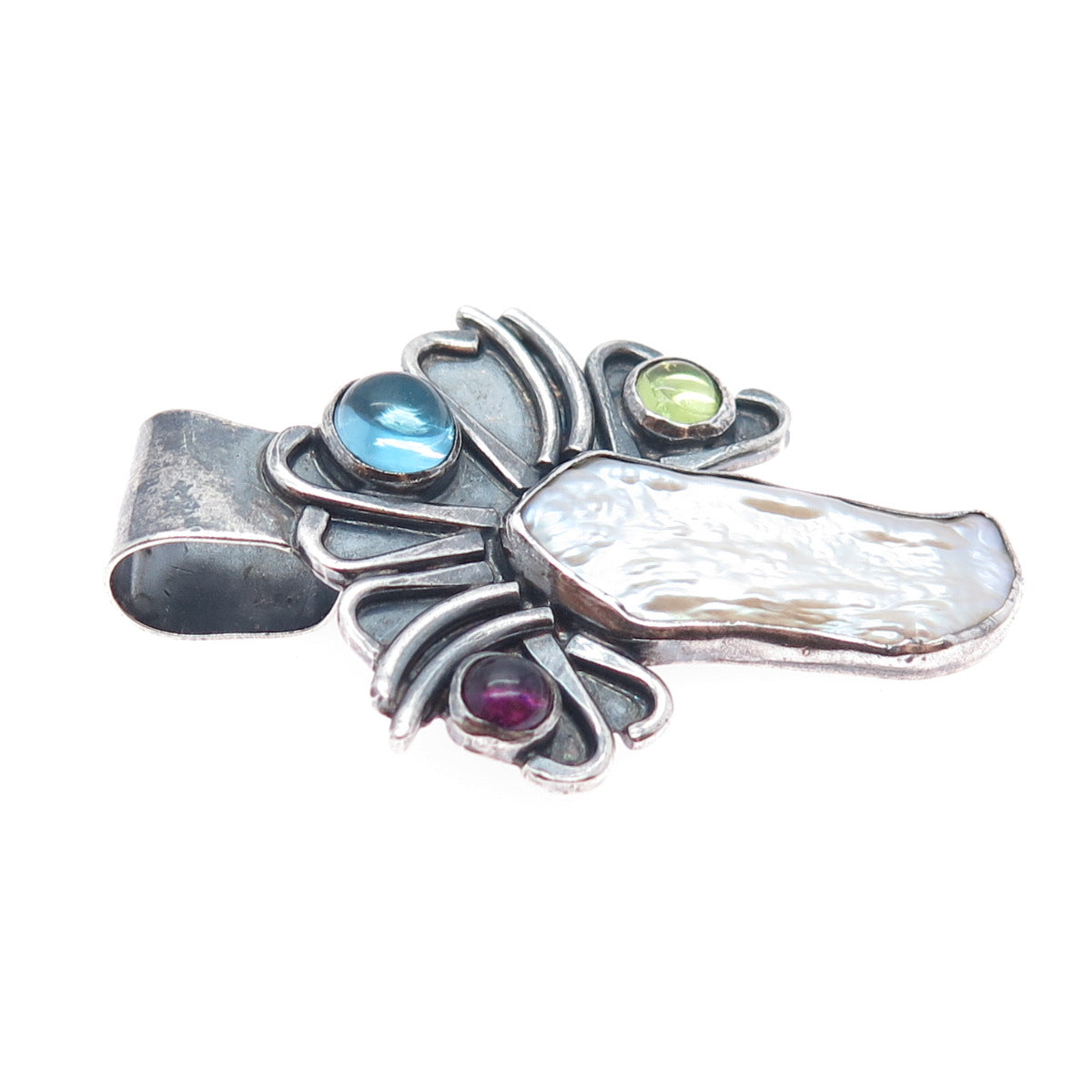 925 Sterling Silver Vintage Real Pearl Topaz Peridot Amethyst Modernist Pendant