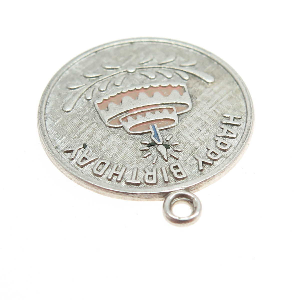 WELLS 925 Sterling Silver Vintage Enamel Engraved Happy Birthday Cake Pendant