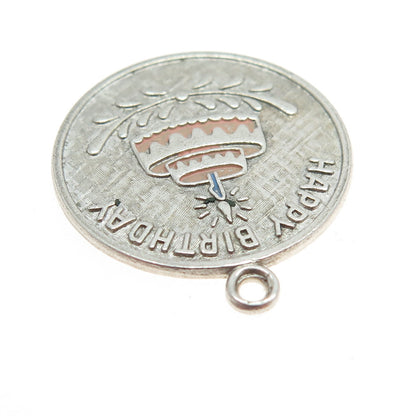 WELLS 925 Sterling Silver Vintage Enamel Engraved Happy Birthday Cake Pendant