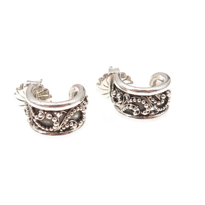 Lois Hill 925 Sterling Silver Vintage Granulated Scroll Hoop Earrings