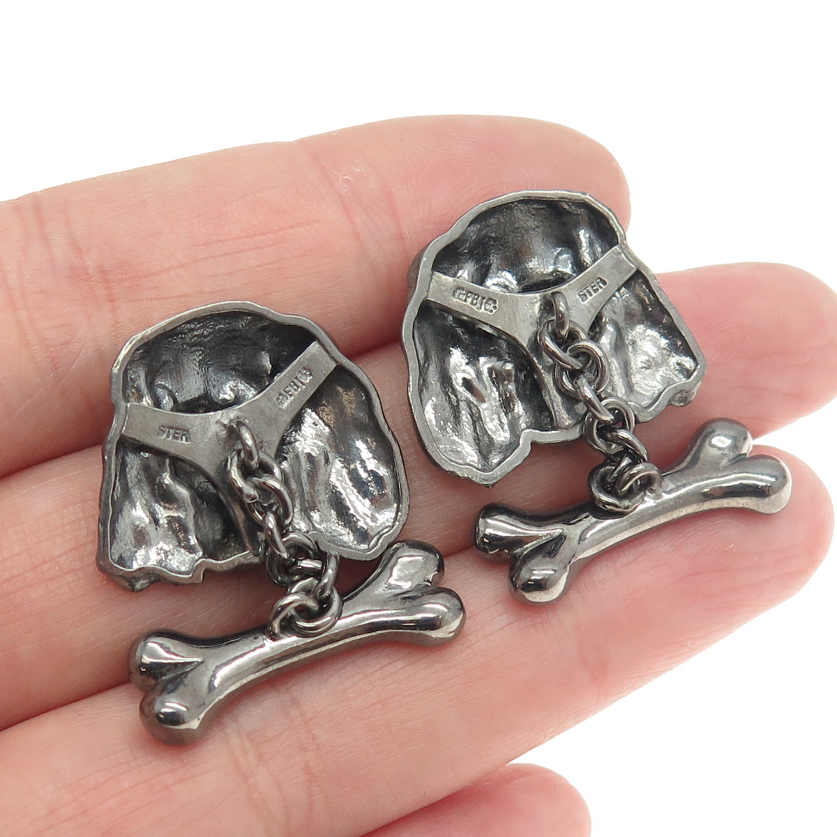 925 Sterling Silver Vintage Real Round-Cut Diamond Cocker Spaniel Dog Cufflinks