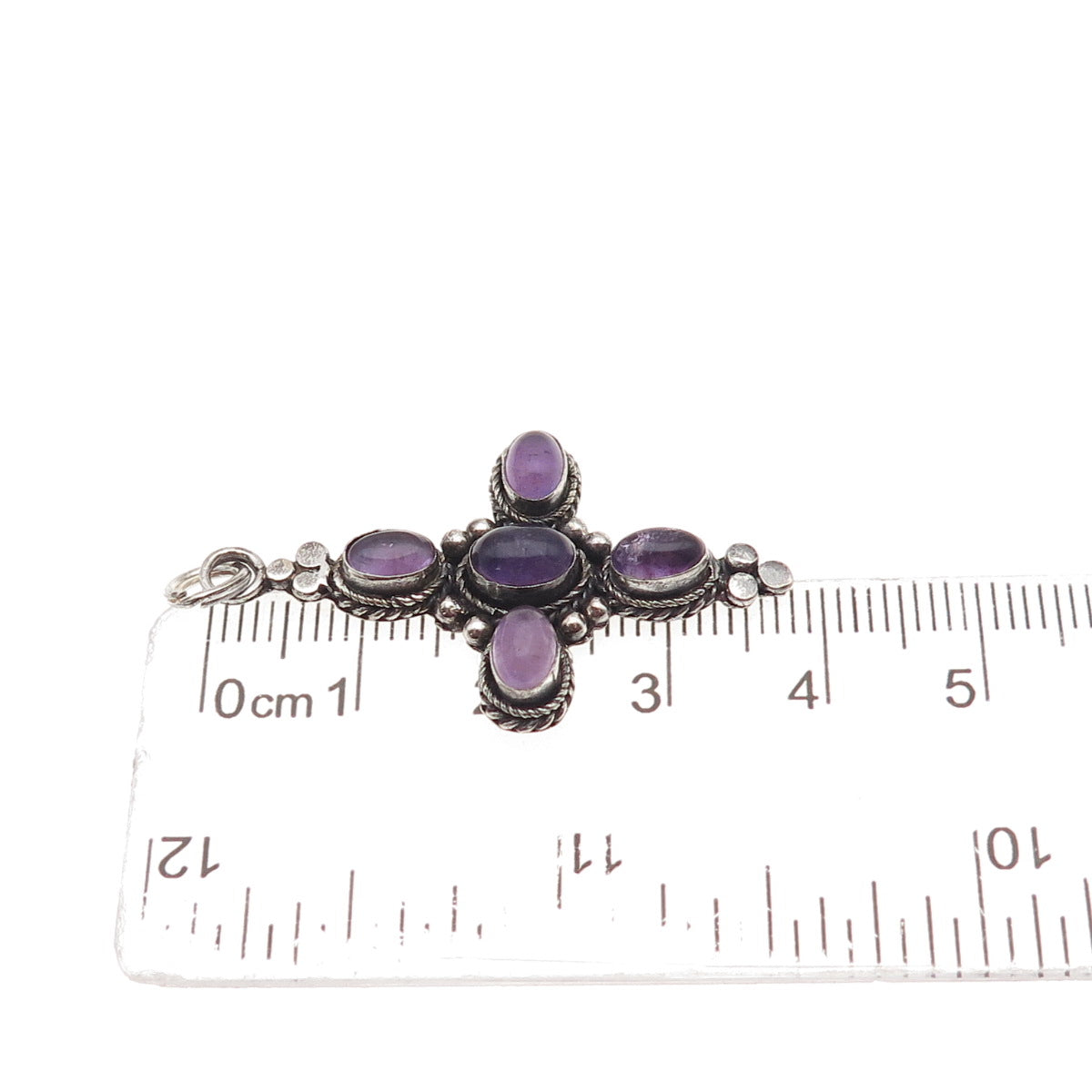 925 Sterling Silver Vintage Real Amethyst Cross Oxidized Charm Pendant